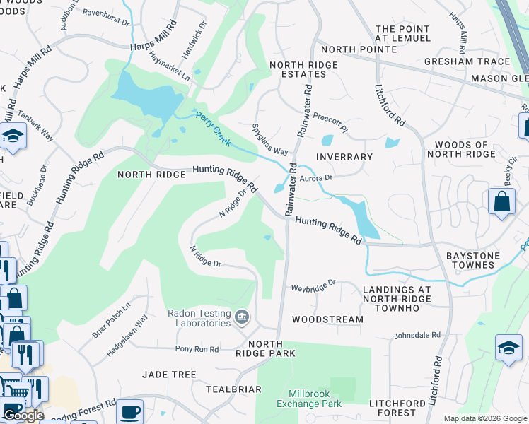 map of restaurants, bars, coffee shops, grocery stores, and more near 1812 Hunting Ridge Rd in Raleigh