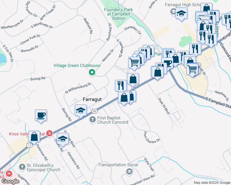 map of restaurants, bars, coffee shops, grocery stores, and more near 11553 Kingston Pike in Knoxville