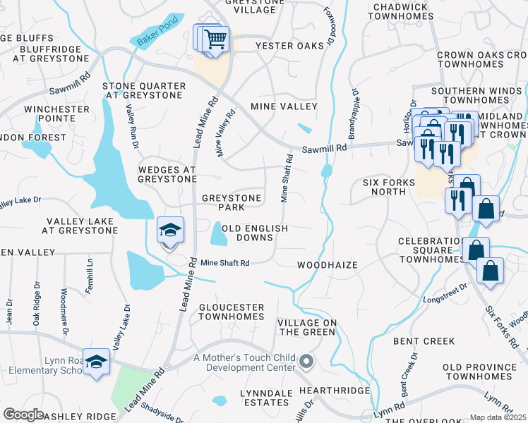 map of restaurants, bars, coffee shops, grocery stores, and more near 1121 Wedgeland Drive in Raleigh