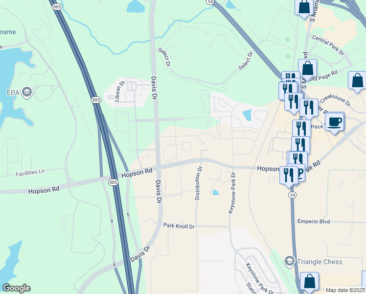 map of restaurants, bars, coffee shops, grocery stores, and more near 4423 State Road 1978 in Morrisville
