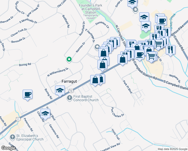 map of restaurants, bars, coffee shops, grocery stores, and more near 101 Chancellors Lane in Knoxville