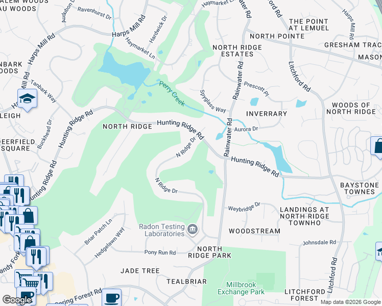 map of restaurants, bars, coffee shops, grocery stores, and more near 7128 North Ridge Drive in Raleigh