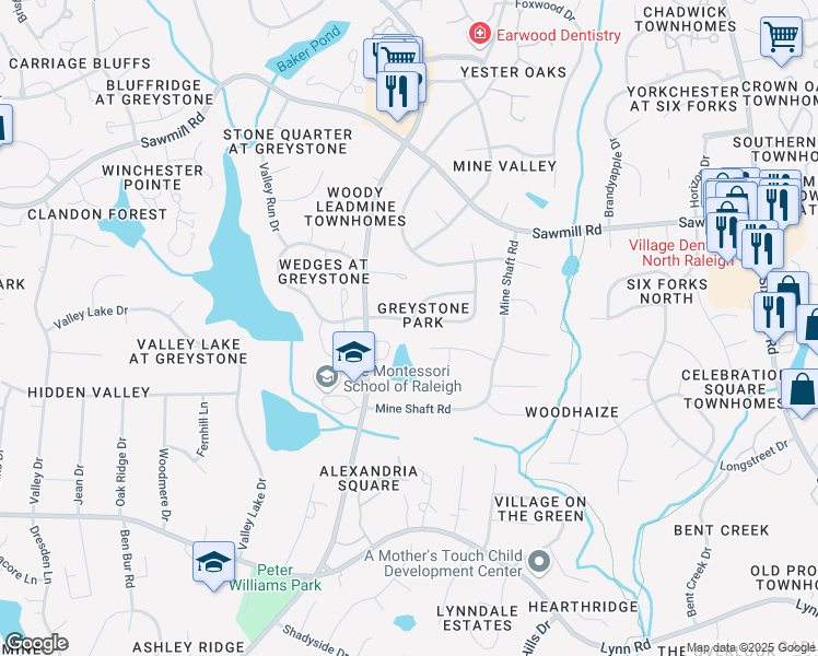 map of restaurants, bars, coffee shops, grocery stores, and more near 1301 Wedgeland Drive in Raleigh