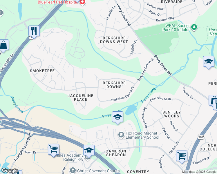 map of restaurants, bars, coffee shops, grocery stores, and more near 7321 Jacqueline Lane in Raleigh