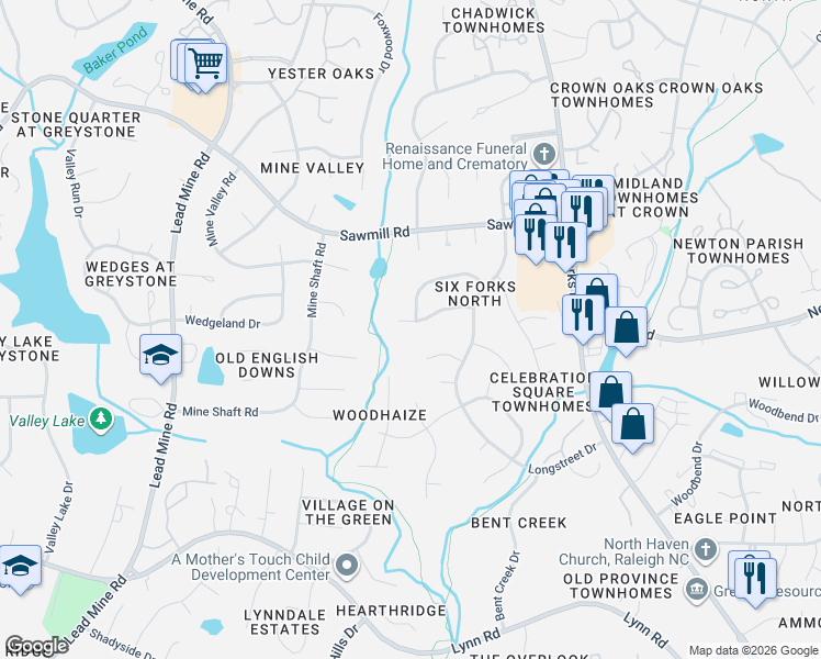 map of restaurants, bars, coffee shops, grocery stores, and more near 1105 Mockingbird Dr in Raleigh