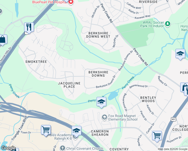 map of restaurants, bars, coffee shops, grocery stores, and more near 7321 Jacqueline Lane in Raleigh