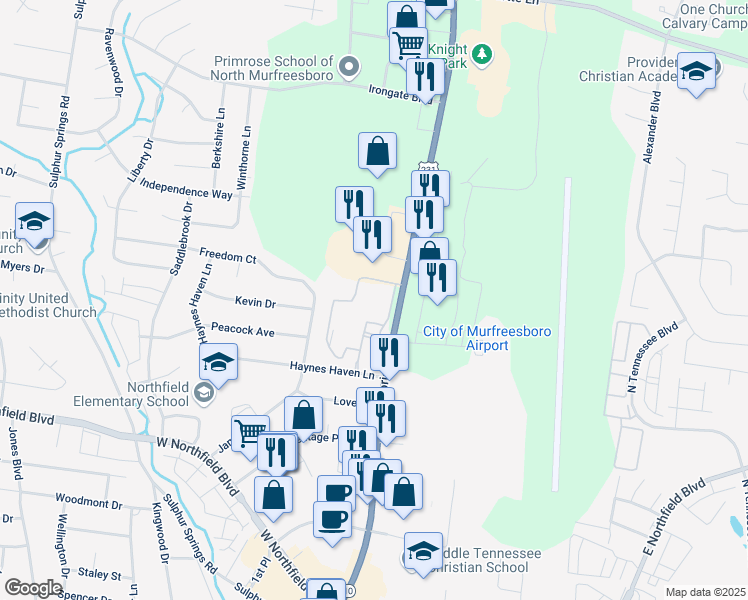 map of restaurants, bars, coffee shops, grocery stores, and more near 2255 Memorial Boulevard in Murfreesboro