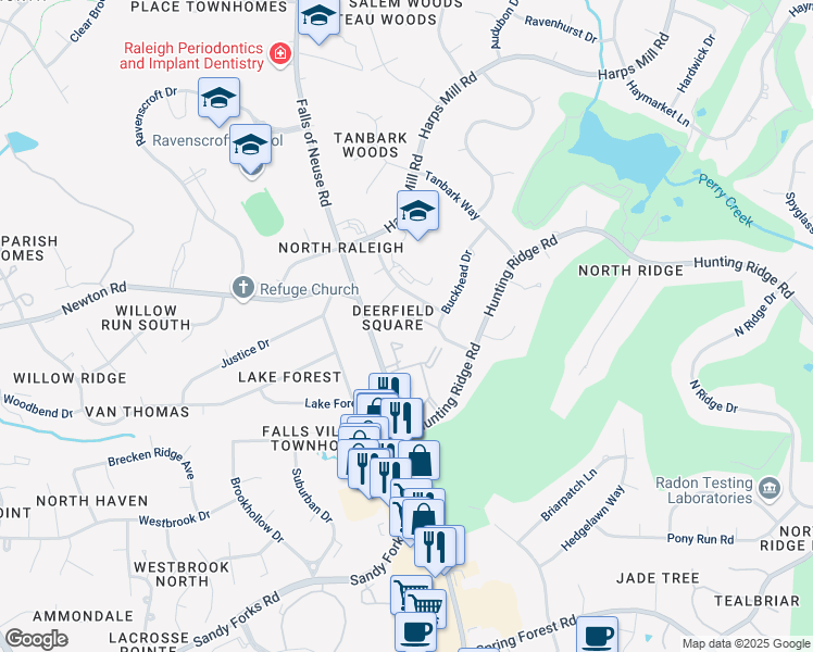 map of restaurants, bars, coffee shops, grocery stores, and more near 6943 Staghorn Lane in Raleigh