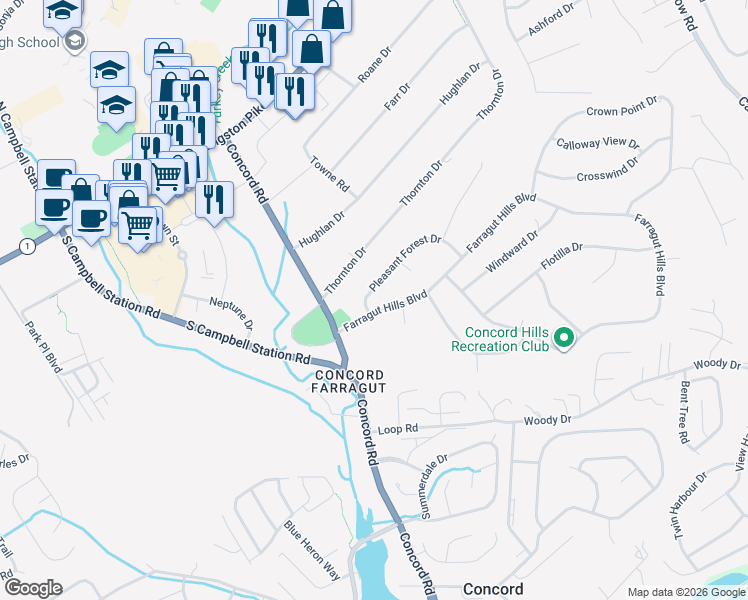 map of restaurants, bars, coffee shops, grocery stores, and more near 11144 Pleasant Forest Drive in Knoxville