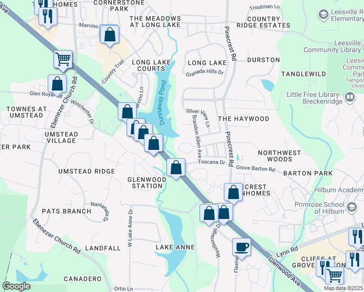 map of restaurants, bars, coffee shops, grocery stores, and more near 5535 Berry Creek Circle in Raleigh