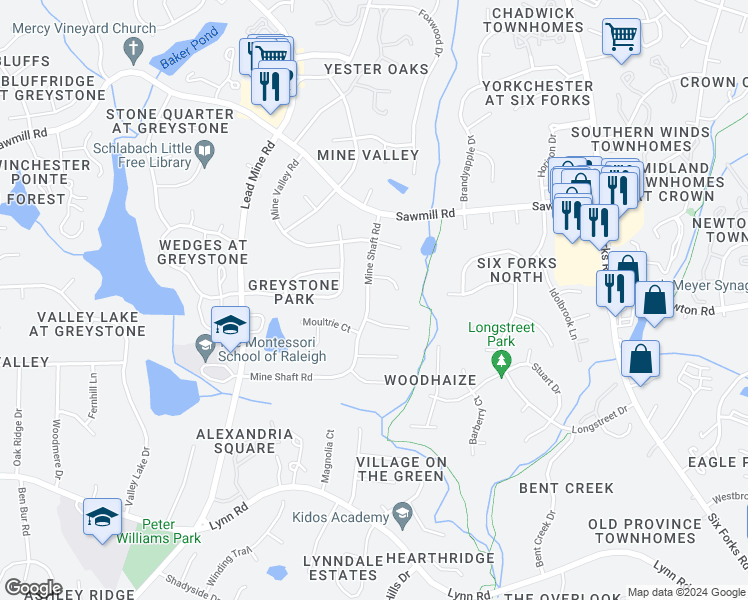 map of restaurants, bars, coffee shops, grocery stores, and more near 7412 Mine Shaft Road in Raleigh