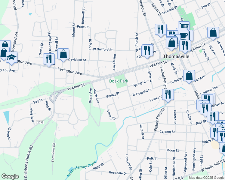 map of restaurants, bars, coffee shops, grocery stores, and more near 13 Jones Avenue in Thomasville