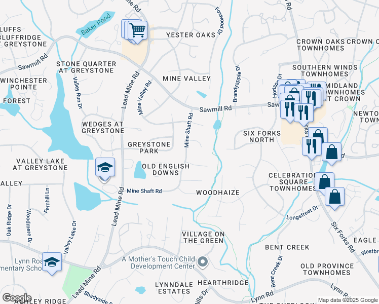 map of restaurants, bars, coffee shops, grocery stores, and more near 7412 Mine Shaft Road in Raleigh