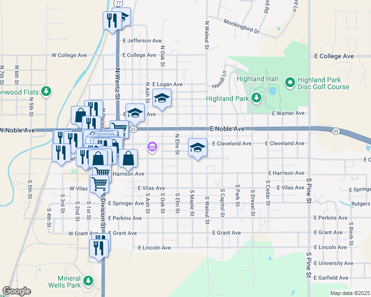 map of restaurants, bars, coffee shops, grocery stores, and more near 110 North Maple Street in Guthrie