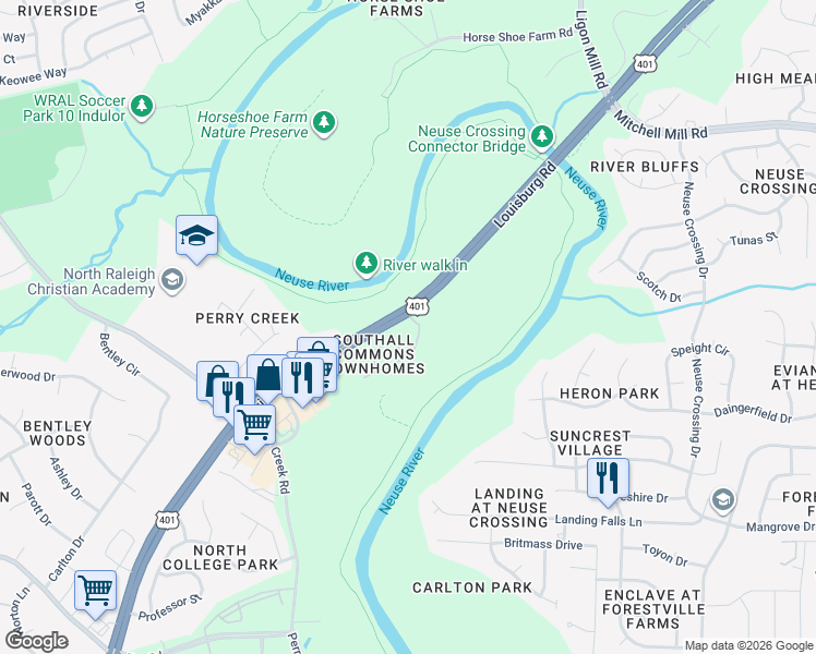 map of restaurants, bars, coffee shops, grocery stores, and more near 8009 River Water Court in Raleigh