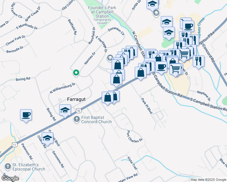 map of restaurants, bars, coffee shops, grocery stores, and more near 11530 Kingston Pike in Farragut