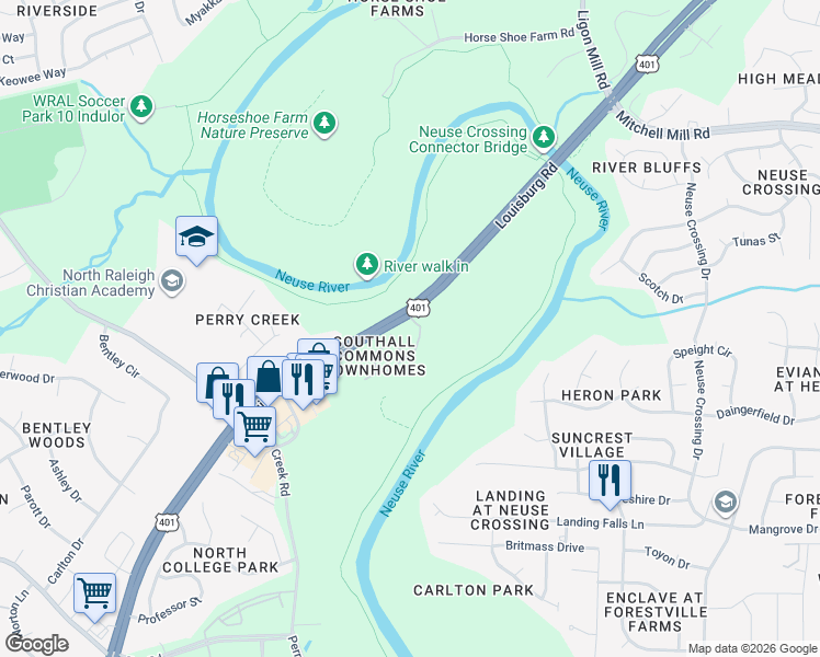 map of restaurants, bars, coffee shops, grocery stores, and more near 8009 River Water Court in Raleigh