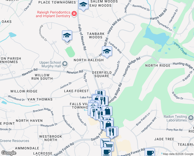 map of restaurants, bars, coffee shops, grocery stores, and more near 1011 Fox Hunt Lane in Raleigh