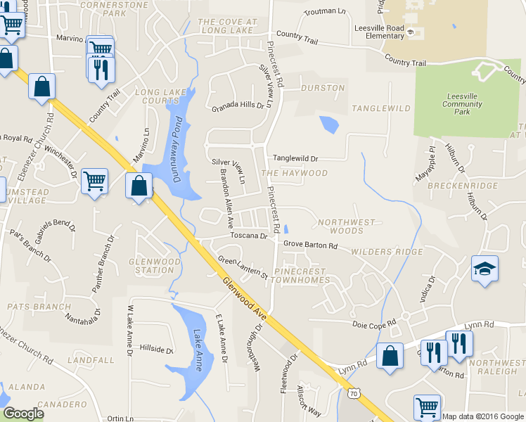 map of restaurants, bars, coffee shops, grocery stores, and more near 7240 Galon Glen Road in Raleigh