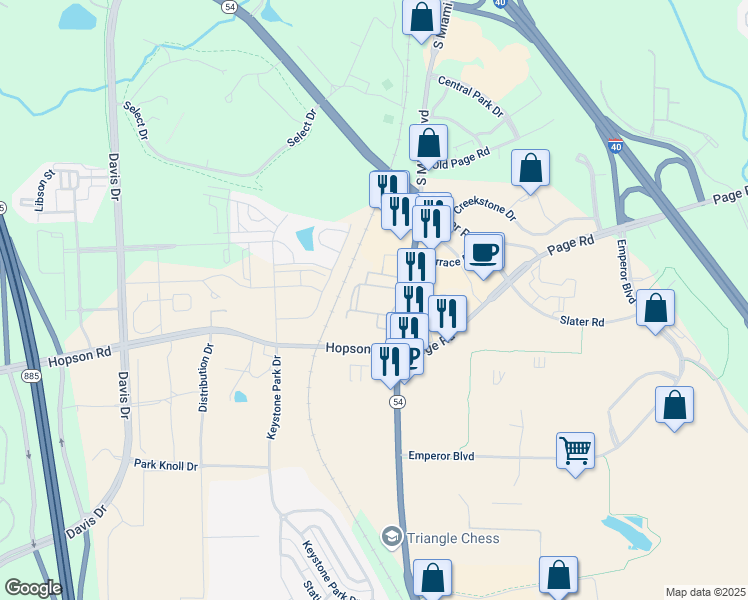 map of restaurants, bars, coffee shops, grocery stores, and more near 5472 South Miami Boulevard in Durham