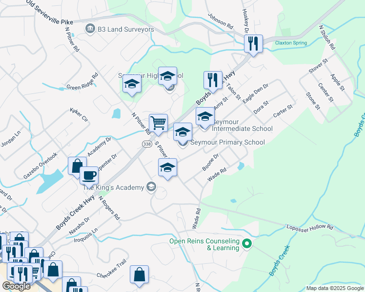 map of restaurants, bars, coffee shops, grocery stores, and more near 717 Boyds Creek Highway in Seymour