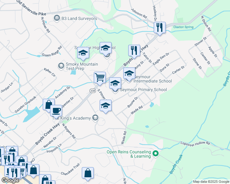 map of restaurants, bars, coffee shops, grocery stores, and more near 717 Boyds Creek Highway in Seymour