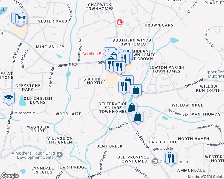 map of restaurants, bars, coffee shops, grocery stores, and more near 7509 Idolbrook Lane in Raleigh