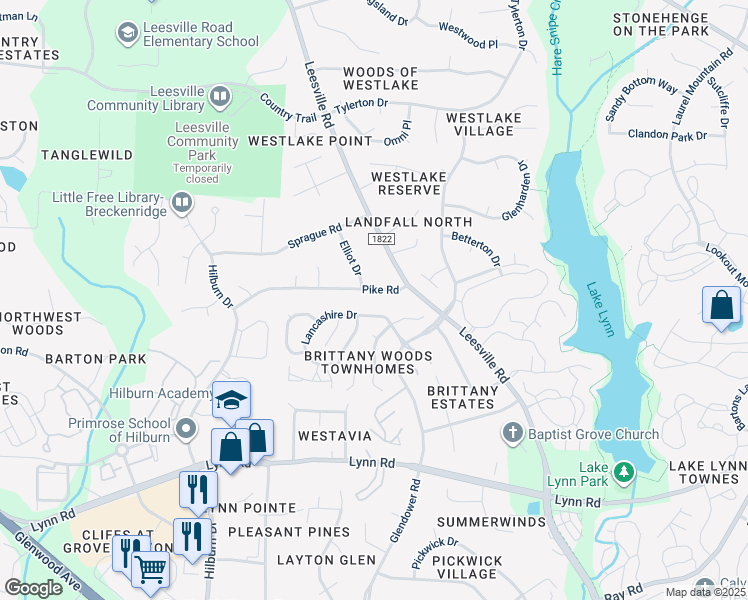 map of restaurants, bars, coffee shops, grocery stores, and more near 4217 Pike Road in Raleigh