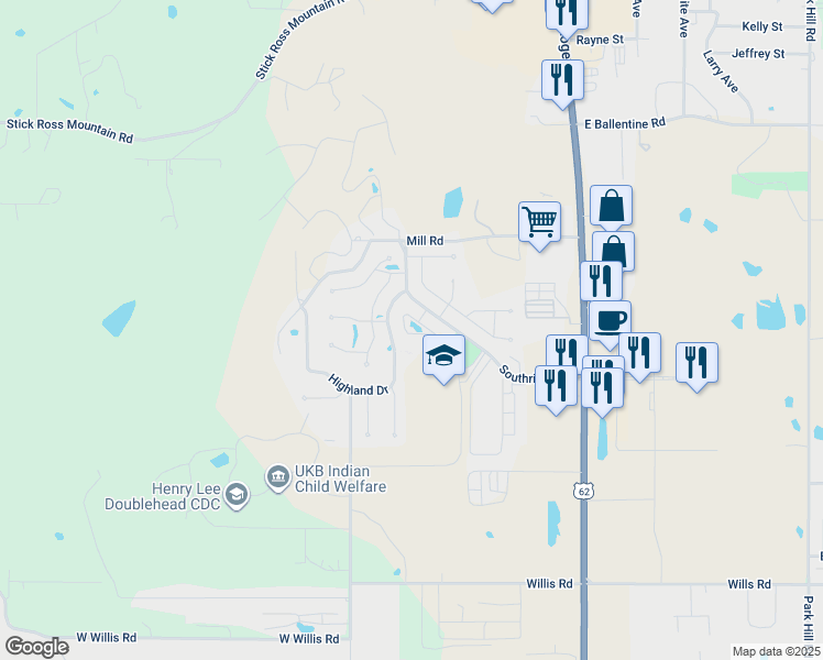 map of restaurants, bars, coffee shops, grocery stores, and more near 425 Lakes Drive in Tahlequah