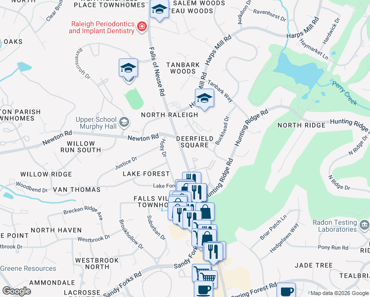 map of restaurants, bars, coffee shops, grocery stores, and more near 1011 Fox Hunt Lane in Raleigh