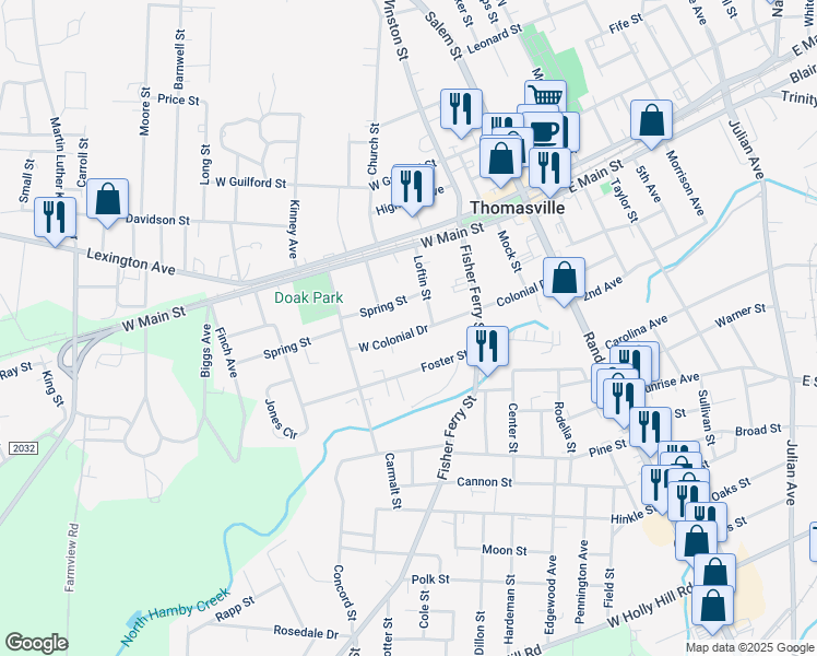 map of restaurants, bars, coffee shops, grocery stores, and more near 210 West Colonial Drive in Thomasville
