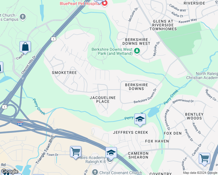 map of restaurants, bars, coffee shops, grocery stores, and more near 5001 Jacqueline Lane in Raleigh