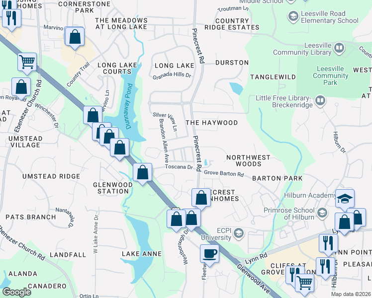 map of restaurants, bars, coffee shops, grocery stores, and more near 7240 Galon Glen Road in Raleigh