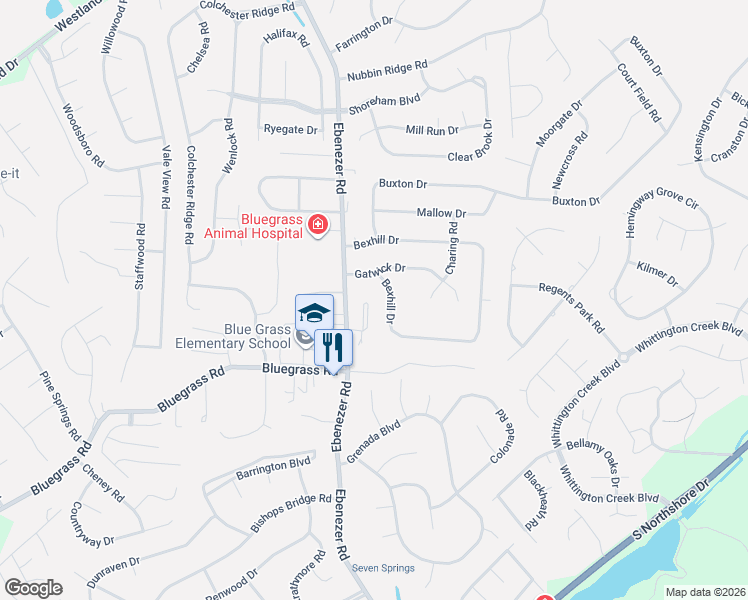 map of restaurants, bars, coffee shops, grocery stores, and more near 1626 Bexhill Drive in Knoxville