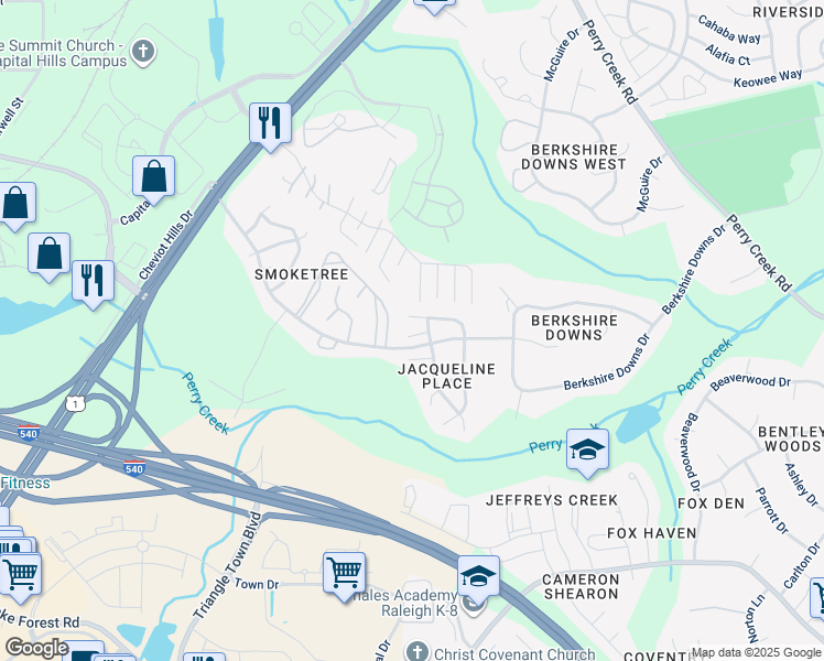 map of restaurants, bars, coffee shops, grocery stores, and more near 4809 Hallam Way in Raleigh