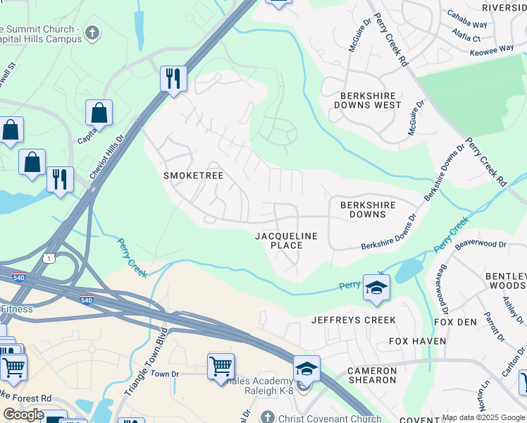 map of restaurants, bars, coffee shops, grocery stores, and more near 4809 Hallam Way in Raleigh