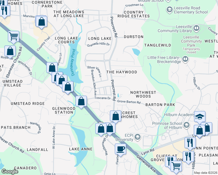 map of restaurants, bars, coffee shops, grocery stores, and more near 7240 Galon Glen Road in Raleigh