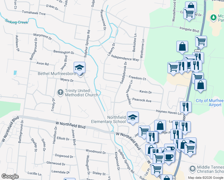 map of restaurants, bars, coffee shops, grocery stores, and more near 1911 Saddlebrook Drive in Murfreesboro