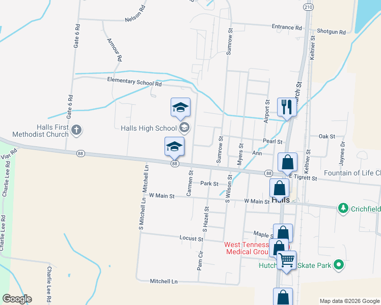 map of restaurants, bars, coffee shops, grocery stores, and more near 800 West Tigrett Street in Halls