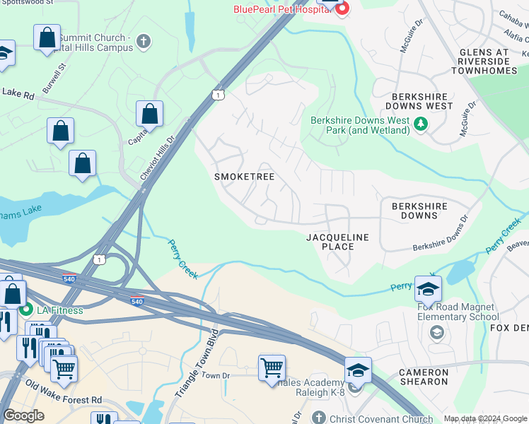 map of restaurants, bars, coffee shops, grocery stores, and more near 7204 Nicolson Court in Raleigh