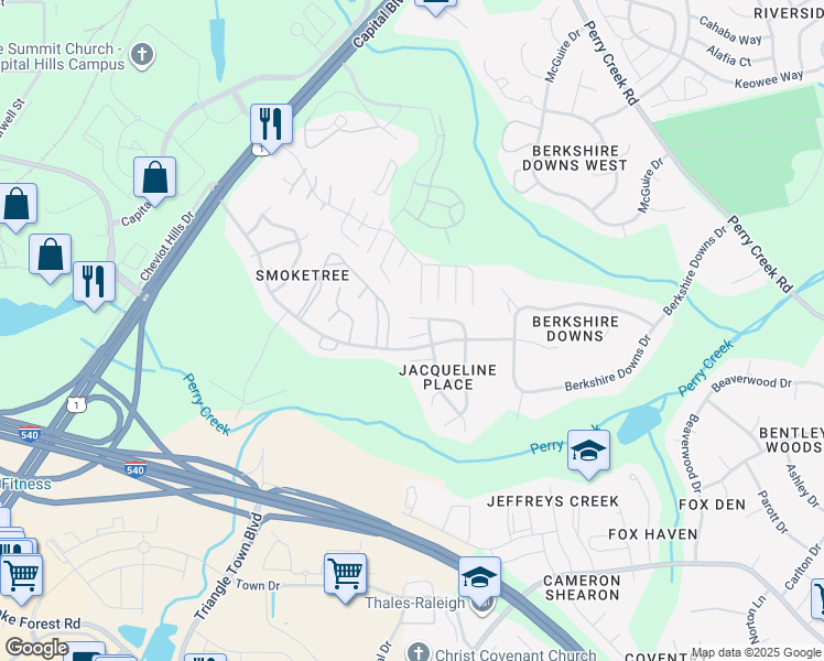 map of restaurants, bars, coffee shops, grocery stores, and more near 4809 Hallam Way in Raleigh
