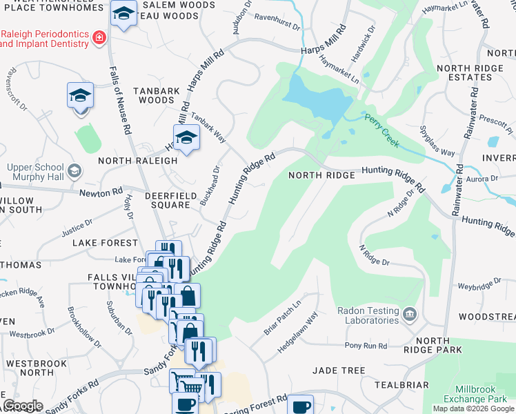 map of restaurants, bars, coffee shops, grocery stores, and more near 1212 Barcroft Place in Raleigh