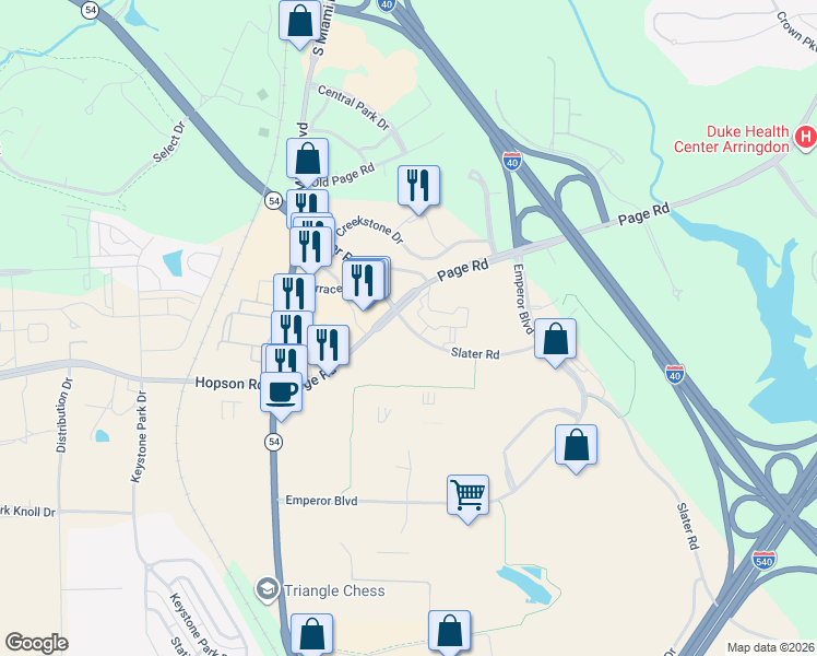 map of restaurants, bars, coffee shops, grocery stores, and more near 1001-1199 Slater Rd in Durham