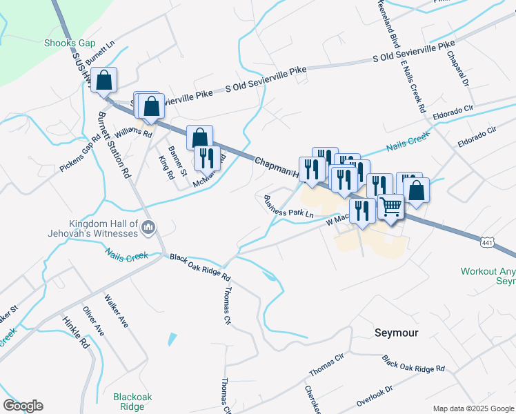 map of restaurants, bars, coffee shops, grocery stores, and more near 105 Creekwood Way in Seymour