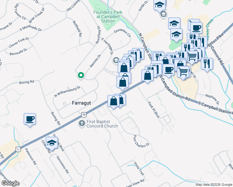 map of restaurants, bars, coffee shops, grocery stores, and more near 101 Chancellors Lane in Knoxville