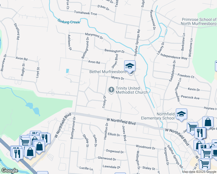 map of restaurants, bars, coffee shops, grocery stores, and more near 2303 Jones Boulevard in Murfreesboro