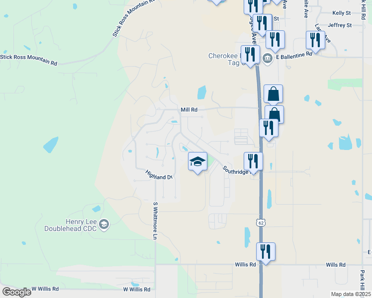 map of restaurants, bars, coffee shops, grocery stores, and more near 425 Lakes Drive in Tahlequah