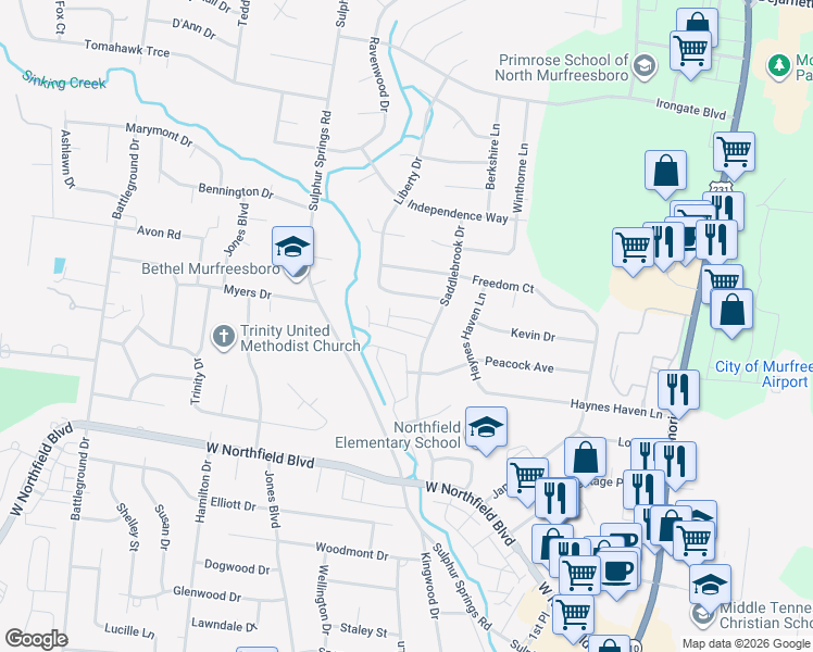map of restaurants, bars, coffee shops, grocery stores, and more near 1911 Saddlebrook Drive in Murfreesboro