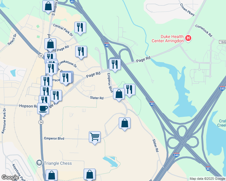 map of restaurants, bars, coffee shops, grocery stores, and more near 4820 Emperor Boulevard in Durham
