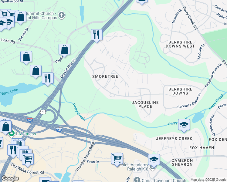map of restaurants, bars, coffee shops, grocery stores, and more near 7204 Nicolson Court in Raleigh